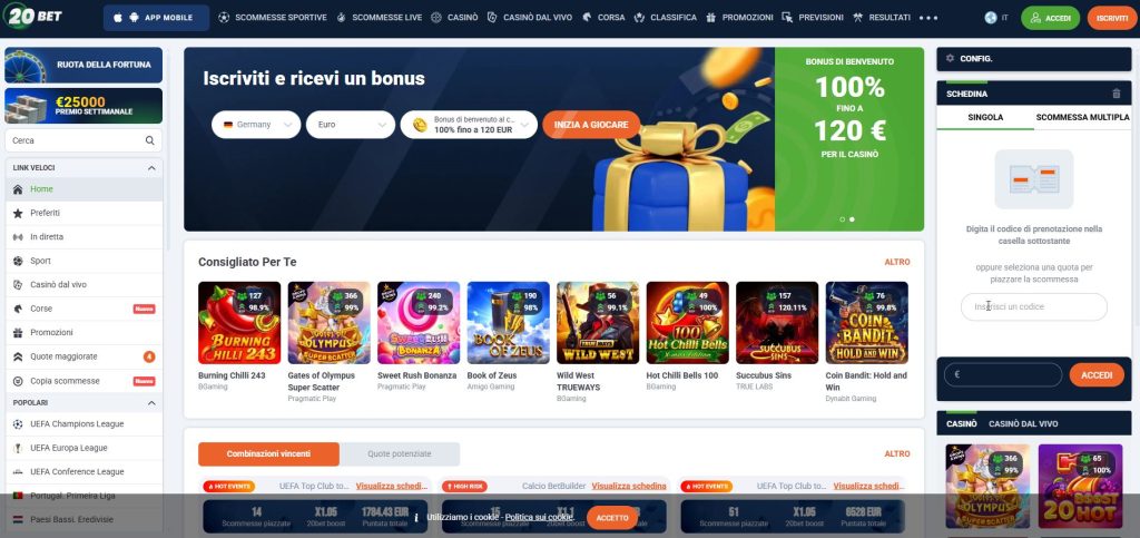 Professionalità e ritmo sportivo si fondono nella homepage di 20Bet, un ambiente ordinato e affidabile che parla la lingua degli scommettitori esigenti