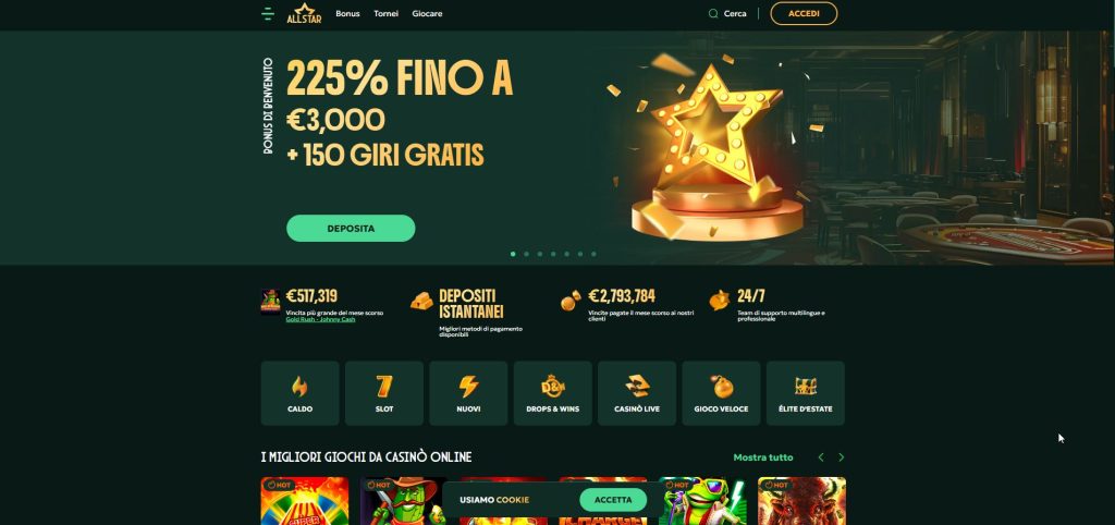 Tappeto rosso e riflettori puntati: la homepage di AllStar trasforma ogni sessione di gioco in una scintillante notte da star del cinema