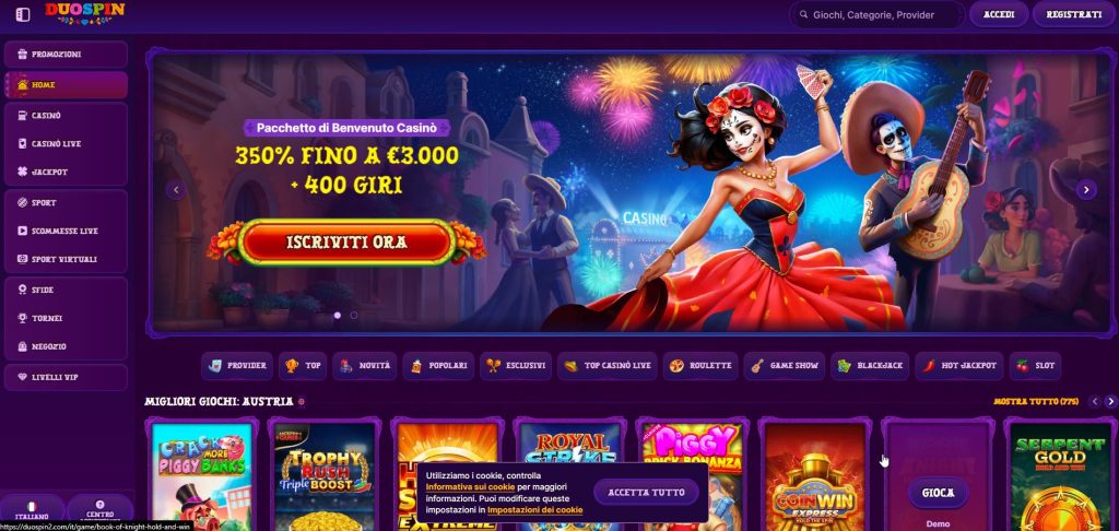 Il dinamismo visivo di DuoSpin: una homepage vibrante che gioca sul concetto di dualità, offrendo un'esperienza di gioco fresca e mai scontata