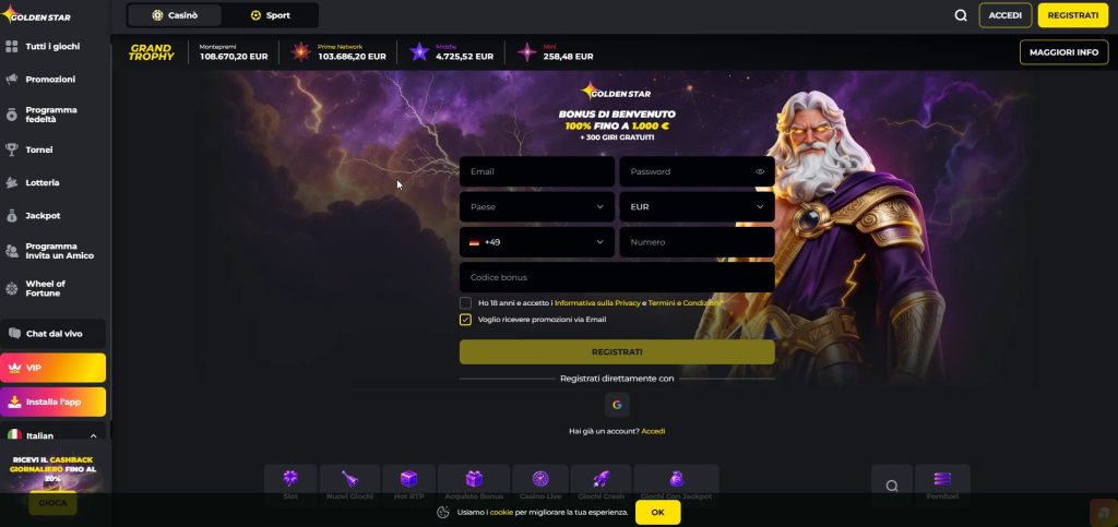 L'opulenza dell'oro domina la vetrina di GoldenStar, con riflessi preziosi e un'atmosfera regale degna dei veri high roller