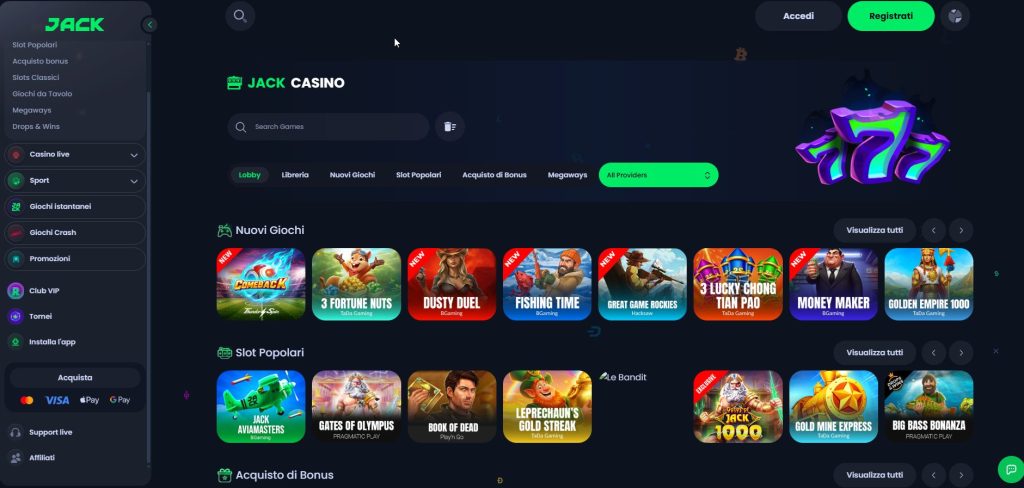 Il cuore crypto di Jackbit batte in un'interfaccia scura e sofisticata, dove le scommesse incontrano la tecnologia blockchain con naturalezza