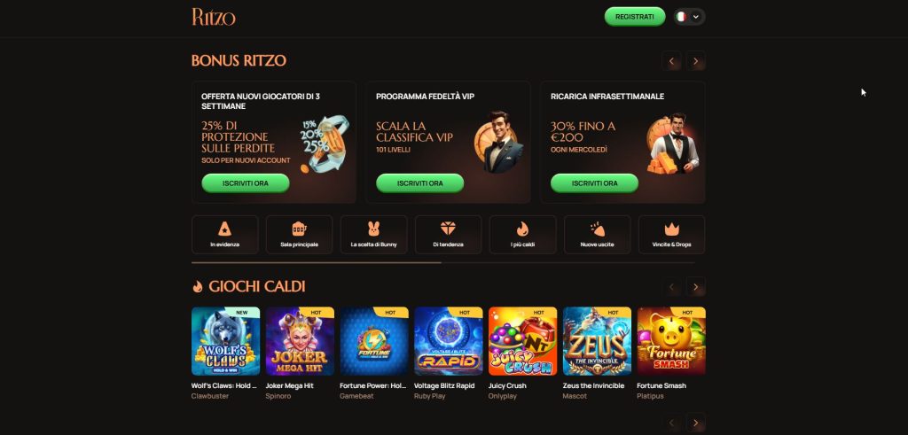 Il ritmo incalzante e lo stile scintillante di Ritzo: una homepage che cattura l'occhio con geometrie moderne e un'aria di puro divertimento metropolitano