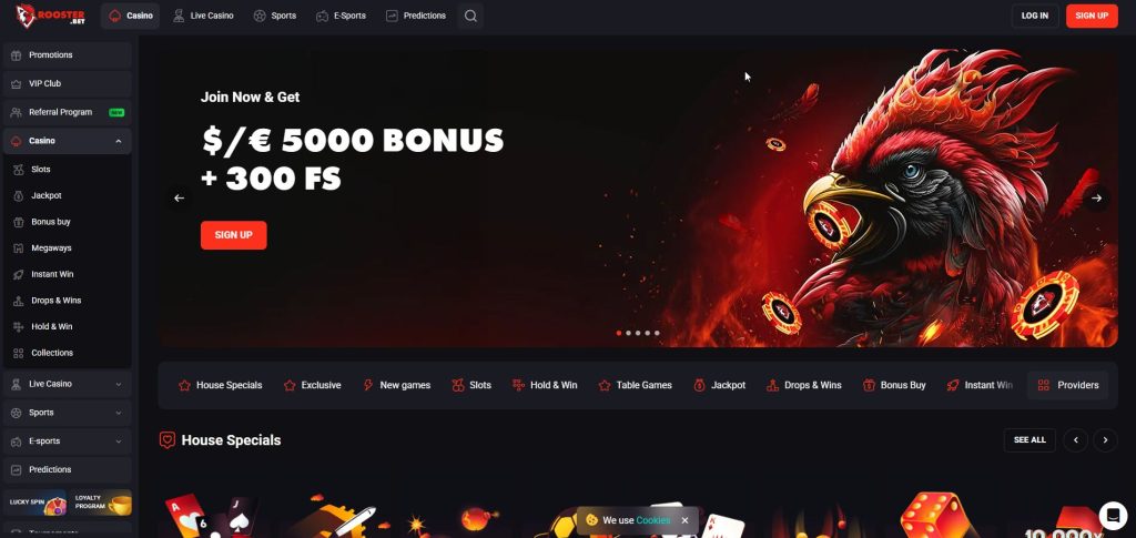 L'energia esplosiva e i colori audaci di RoosterBet, dominati dalla mascotte combattiva che invita i giocatori a scendere nell'arena del casinò