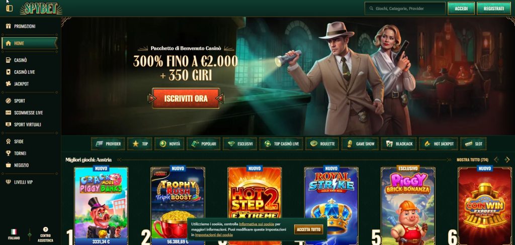 L'atmosfera furtiva e accattivante di Spybet: un'interfaccia in dark mode che mescola il brivido dello spionaggio con l'adrenalina delle scommesse