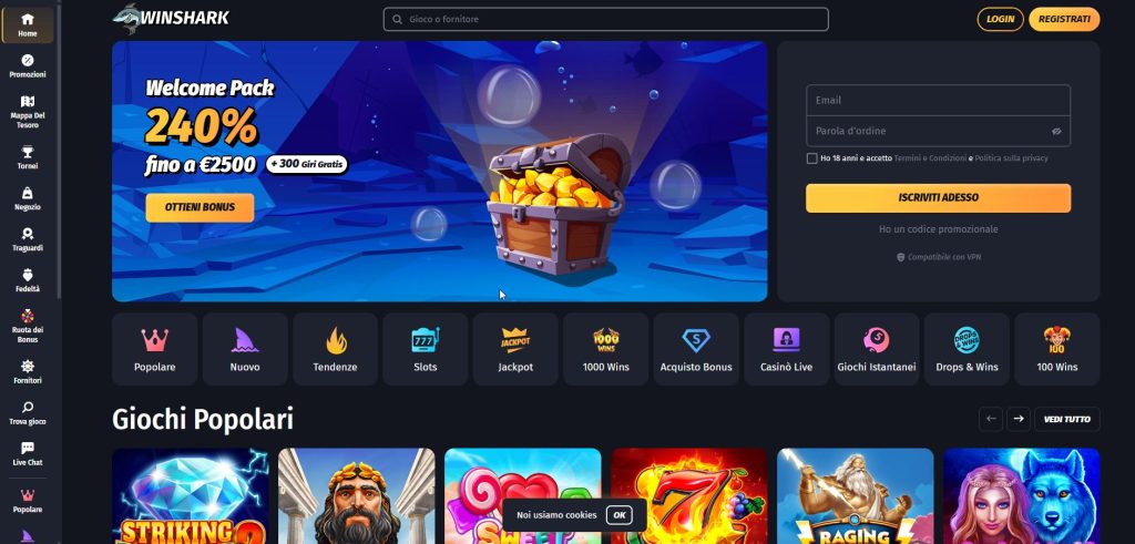 Le profondità oceaniche e il design tagliente di Winshark, dove l'estetica dello squalo si fonde con un'interfaccia crypto moderna e aggressiva